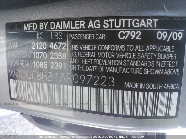 WDDGF8BB1AR097223 - 2010 MERCEDES-BENZ C 300 4MATIC GRAY photo 9