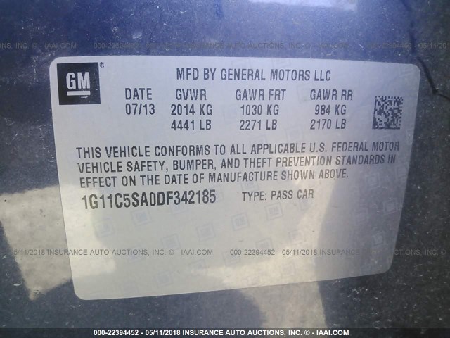 1G11C5SA0DF342185 - 2013 CHEVROLET MALIBU 1LT BLUE photo 9