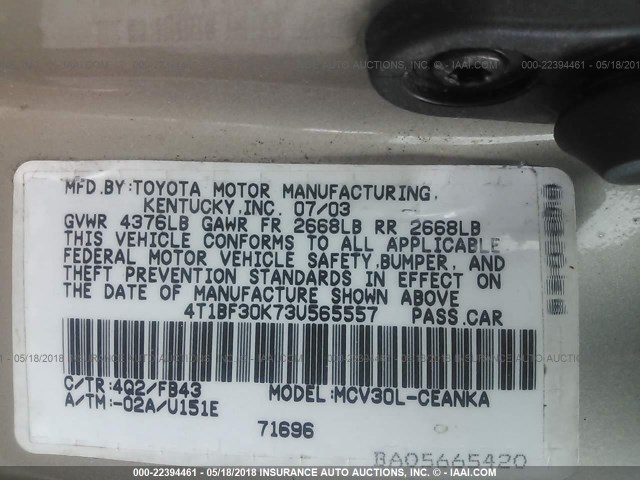 4T1BF30K73U565557 - 2003 TOYOTA CAMRY LE/XLE/SE ოქროსფერი ფოტო 9