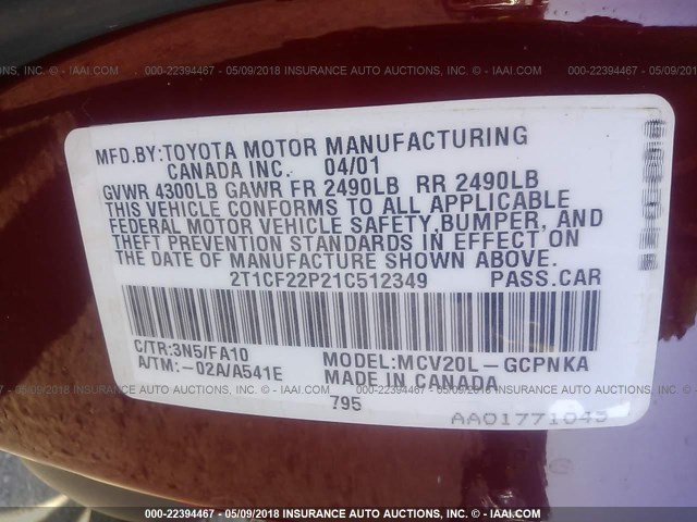 2T1CF22P21C512349 - 2001 TOYOTA CAMRY SOLARA SE/SLE წითელი ფოტო 9