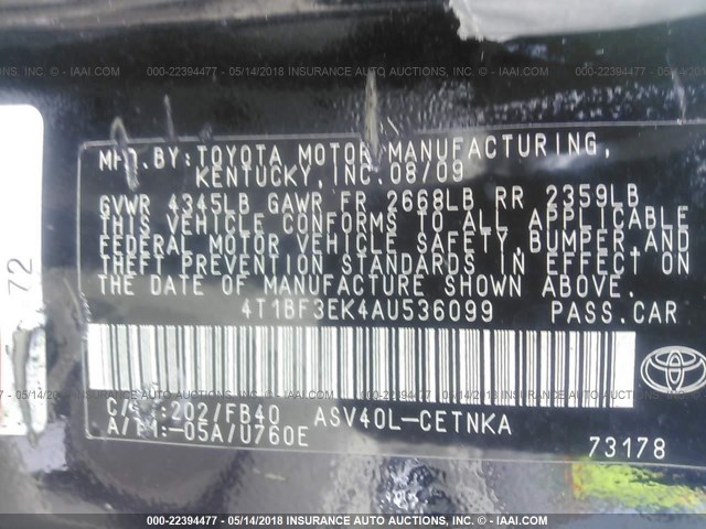 4T1BF3EK4AU536099 - 2010 TOYOTA CAMRY SE/LE/XLE 黑色 照片 9