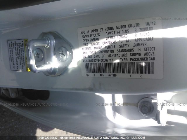 JH4CU2F64DC002717 - 2013 ACURA TSX TECH WHITE photo 9