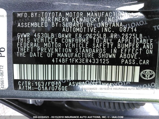 4T4BF1FK3ER433125 - 2014 TOYOTA CAMRY L/SE/LE/XLE 灰色 照片 9