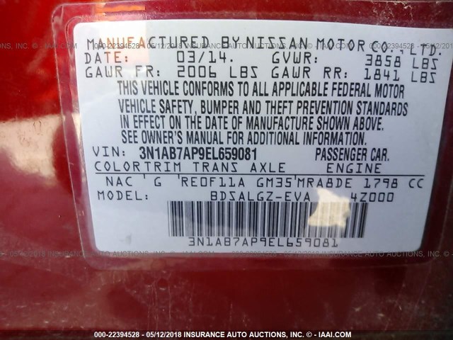 3N1AB7AP9EL659081 - 2014 NISSAN SENTRA S/SV/SR/SL RED photo 9