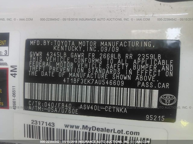 4T1BF3EK7AU546609 - 2010 TOYOTA CAMRY SE/LE/XLE 白色 照片 9