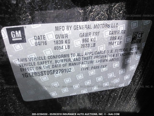 1G1ZB5ST0GF279102 - 2016 CHEVROLET MALIBU LS შავი ფოტო 9