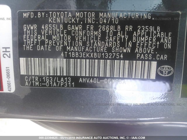 4T1BB3EKXBU132754 - 2011 TOYOTA CAMRY HYBRID GRAY photo 9