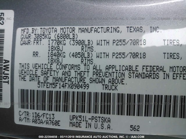 5TFEM5F14FX090499 - 2015 TOYOTA TUNDRA CREWMAX SR5 GRAY photo 9