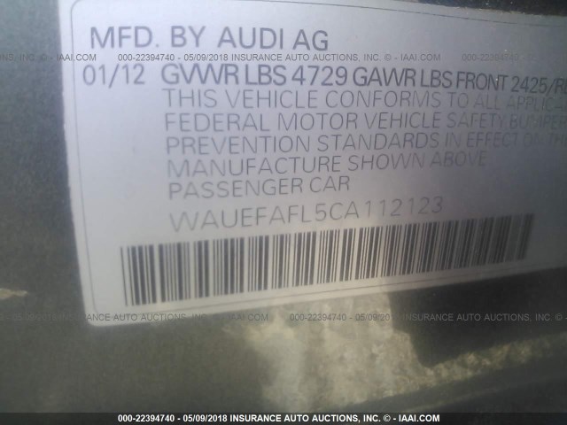 WAUEFAFL5CA112123 - 2012 AUDI A4 PREMIUM PLUS GRAY photo 9