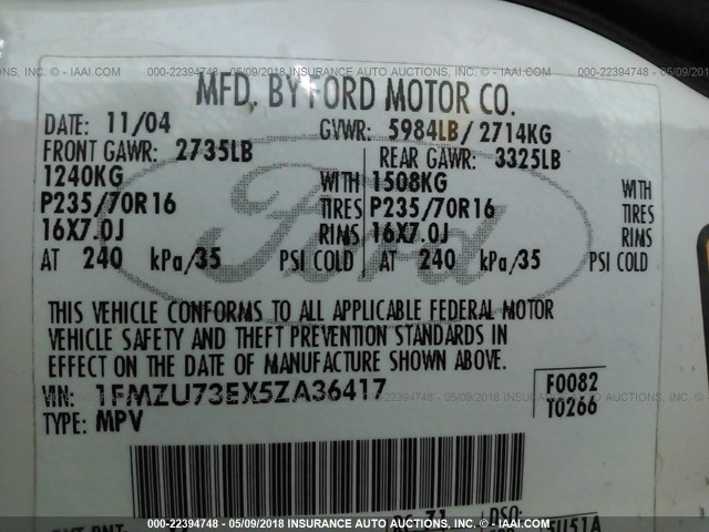 1FMZU73EX5ZA36417 - 2005 FORD EXPLORER XLT/XLT SPORT/NBX 白色 照片 9