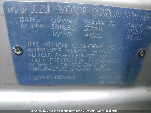 JS2YB413485109577 - 2008 SUZUKI SX4 CONVENIENCE SILVER photo 9