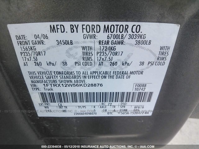 1FTRX12W56KD28876 - 2006 FORD F150 GRAY photo 9