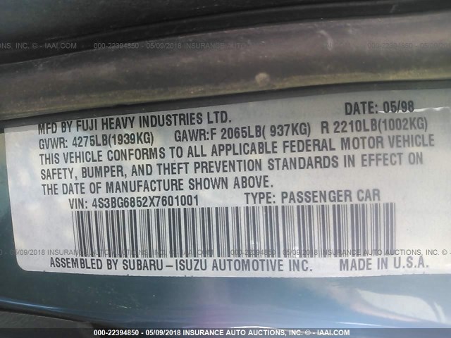 4S3BG6852X7601001 - 1999 SUBARU LEGACY OUTBACK/SSV/LIMITED/30TH GREEN photo 9