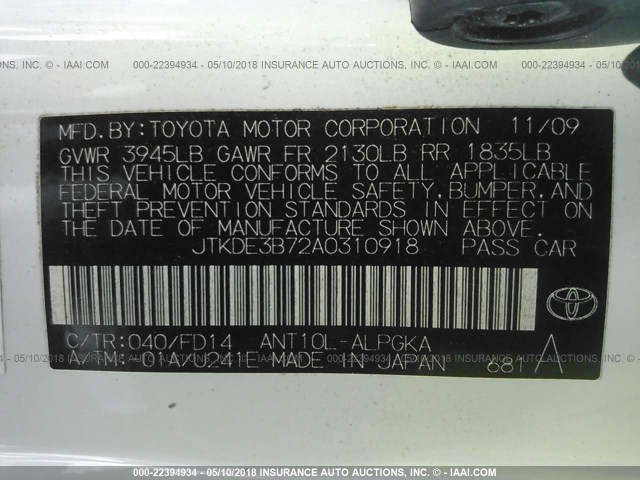 JTKDE3B72A0310918 - 2010 TOYOTA SCION TC 白色 照片 9