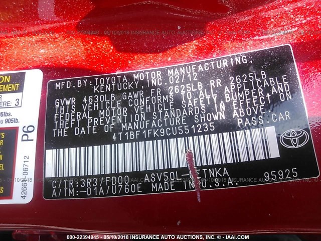 4T1BF1FK9CU551235 - 2012 TOYOTA CAMRY SE/LE/XLE RED photo 9