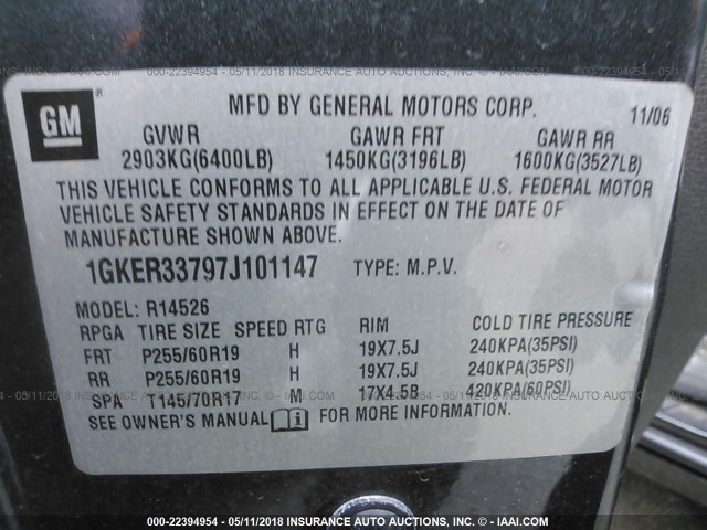 1GKER33797J101147 - 2007 GMC ACADIA SLT-2 BLACK photo 9