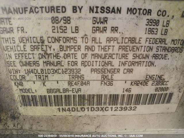 1N4DL01D3XC123932 - 1999 NISSAN ALTIMA XE/GXE/SE/GLE SILVER photo 9