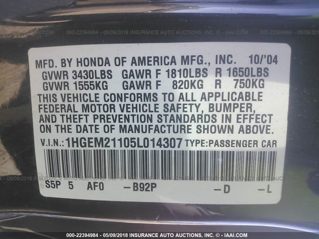 1HGEM21105L014307 - 2005 HONDA CIVIC DX VP Qara foto 9