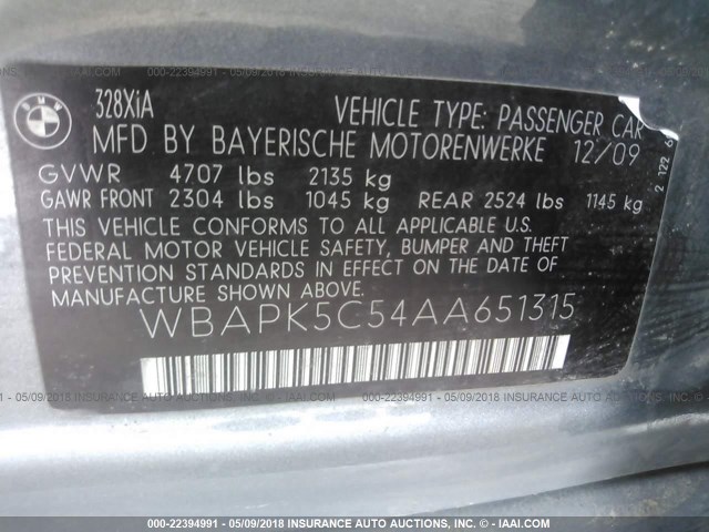 WBAPK5C54AA651315 - 2010 BMW 328 XI SULEV GRAY photo 9