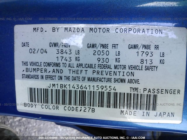 JM1BK143641159554 - 2004 MAZDA 3 HATCHBACK BLUE photo 9