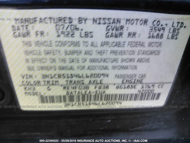 3N1CB51D46L620094 - 2006 NISSAN SENTRA 1.8/1.8S BLACK photo 9