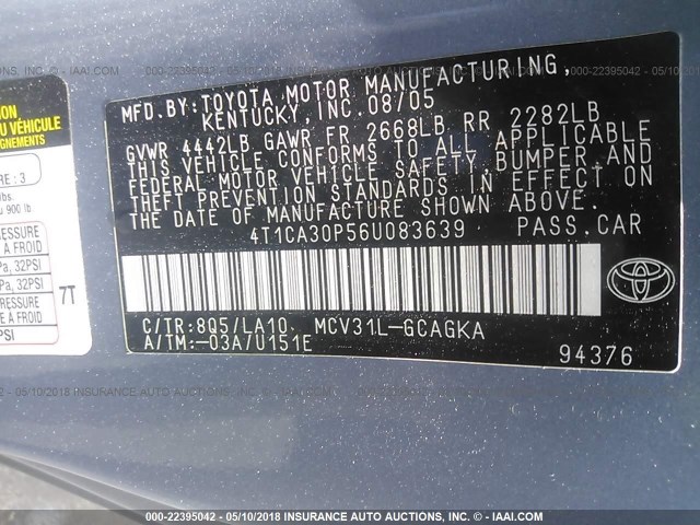 4T1CA30P56U083639 - 2006 TOYOTA CAMRY SOLARA SE/SLE ვერცხლისფერი ფოტო 9