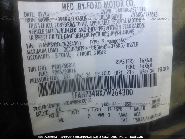 1FAHP34NX7W264300 - 2007 FORD FOCUS ZX4/S/SE/SES 黑色 照片 9