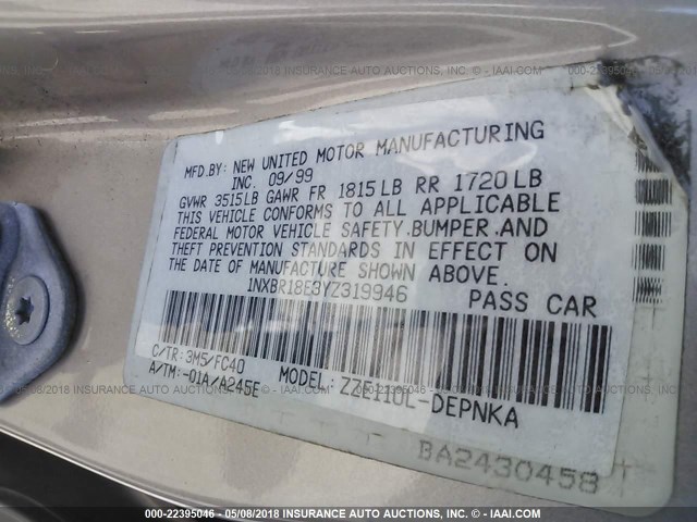 1NXBR18E3YZ319946 - 2000 TOYOTA COROLLA VE/CE/LE 银色 照片 9