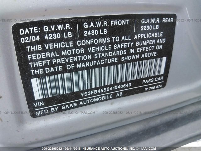 YS3FB45S541040640 - 2004 SAAB 9-3 LINEAR SILVER photo 9