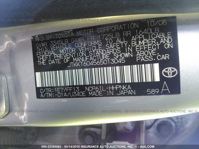 JTKKT604565013045 - 2006 TOYOTA SCION XA SILVER photo 9