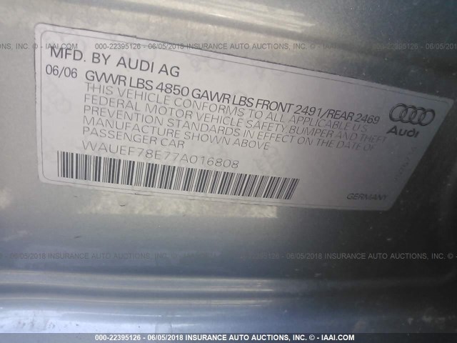 WAUEF78E77A016808 - 2007 AUDI A4 S-LINE 2.0T QUATTRO TURBO SILVER photo 9