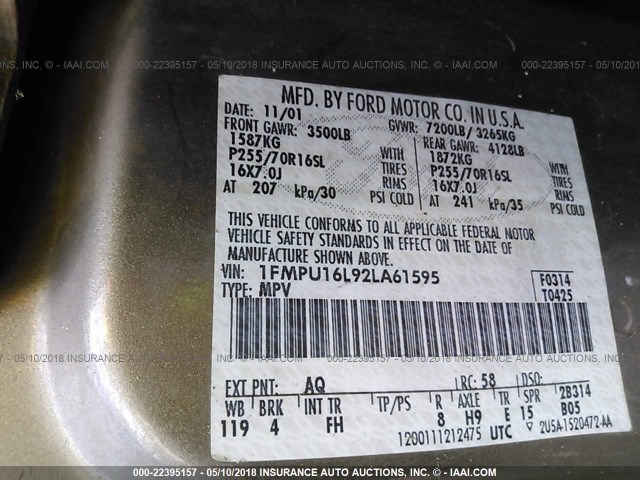 1FMPU16L92LA61595 - 2002 FORD EXPEDITION XLT 金色 照片 9