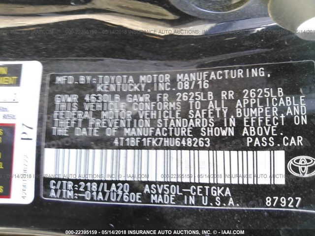 4T1BF1FK7HU648263 - 2017 TOYOTA CAMRY LE/XLE/SE/XSE BLACK photo 9