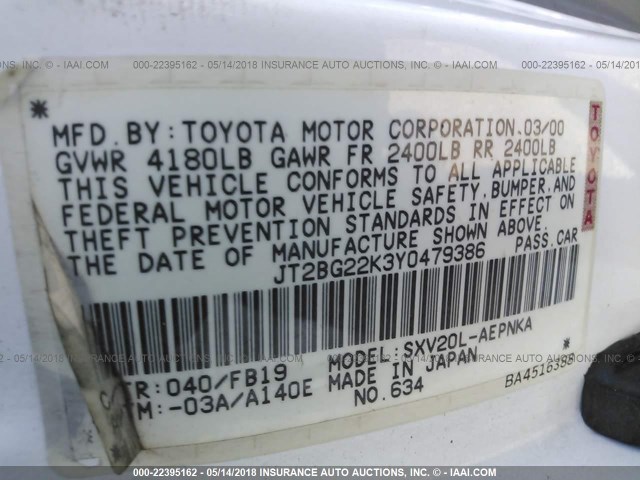 JT2BG22K3Y0479386 - 2000 TOYOTA CAMRY CE/LE/XLE 白色 照片 9