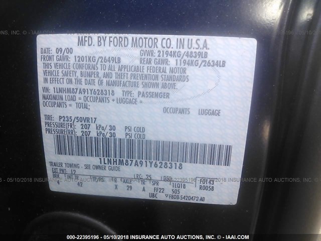 1LNHM87A91Y628318 - 2001 LINCOLN LS BLUE photo 9