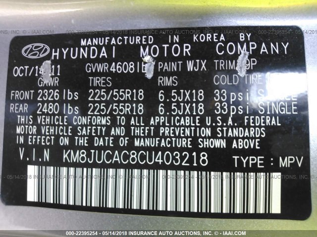 KM8JUCAC8CU403218 - 2012 HYUNDAI TUCSON GLS/LIMITED 银色 照片 9