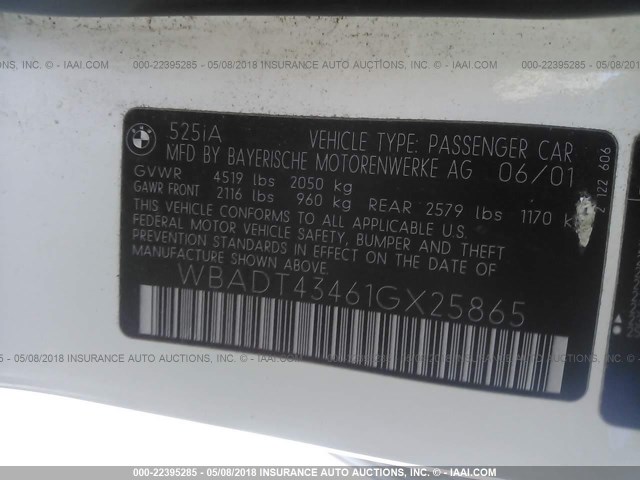 WBADT43461GX25865 - 2001 BMW 525 I AUTOMATIC WHITE photo 9