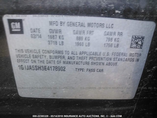 1G1JA5SH3E4178902 - 2014 CHEVROLET SONIC LS BLACK photo 9