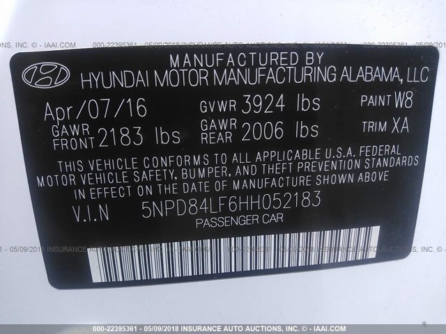 5NPD84LF6HH052183 - 2017 HYUNDAI ELANTRA SE/VALUE/LIMITED WHITE photo 9