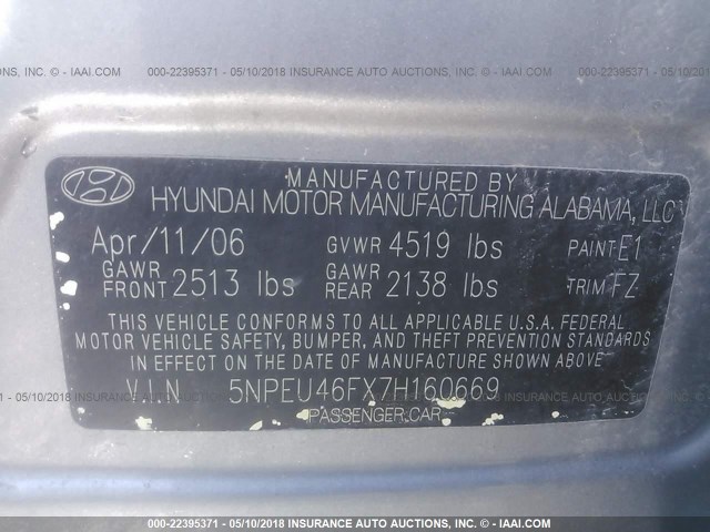 5NPEU46FX7H160669 - 2007 HYUNDAI SONATA SE/LIMITED SILVER photo 9