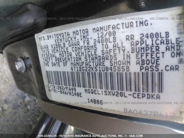 4T1BG22K51U045858 - 2001 TOYOTA CAMRY CE/LE/XLE შავი ფოტო 9