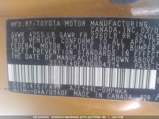 2T1LE40E29C004314 - 2009 TOYOTA COROLLA MATRIX S ORANGE photo 9