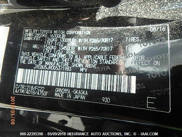 JTEBU5JR0G5371983 - 2016 TOYOTA 4RUNNER SR5 PREM/LTDL/TRAIL/TRD BLACK photo 9