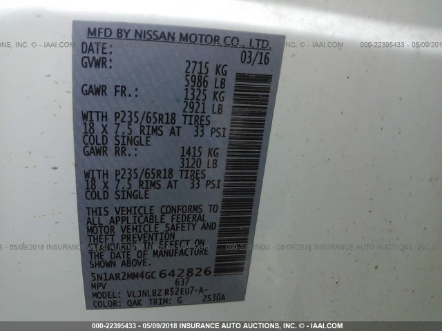 5N1AR2MM4GC642826 - 2016 NISSAN PATHFINDER S/SV/SL/PLATINUM WHITE photo 9