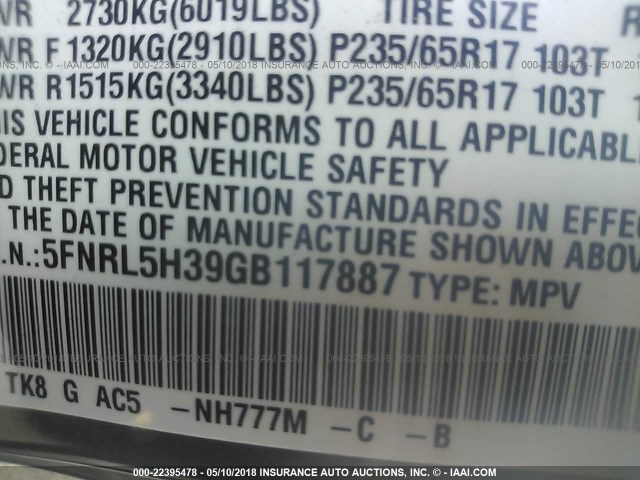 5FNRL5H39GB117887 - 2016 HONDA ODYSSEY SE GRAY photo 9