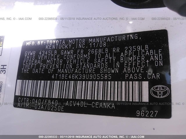 4T1BE46K39U905585 - 2009 TOYOTA CAMRY SE/LE/XLE 白色 照片 9