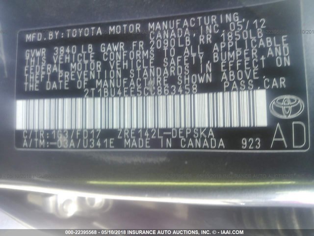 2T1BU4EE5CC863458 - 2012 TOYOTA COROLLA S/LE GRAY photo 9