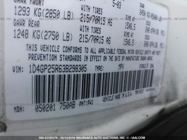 1D4GP25R63B298305 - 2003 DODGE CARAVAN SE WHITE photo 9