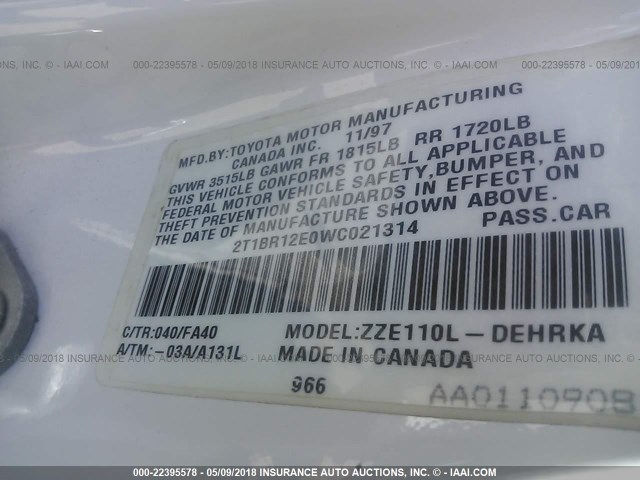 2T1BR12E0WC021314 - 1998 TOYOTA COROLLA VE/CE/LE 白色 照片 9