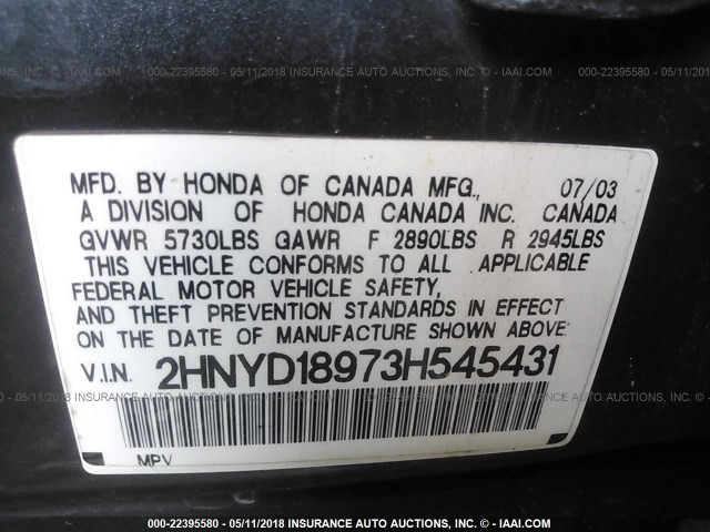 2HNYD18973H545431 - 2003 ACURA MDX TOURING GRAY photo 9